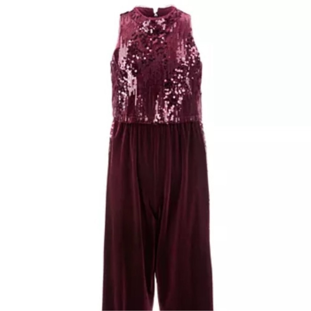 Bonnie Jean Burgundy Velvet Sequin Wide Leg Dressy Jumpsuit Girls Size 14 NWOT.